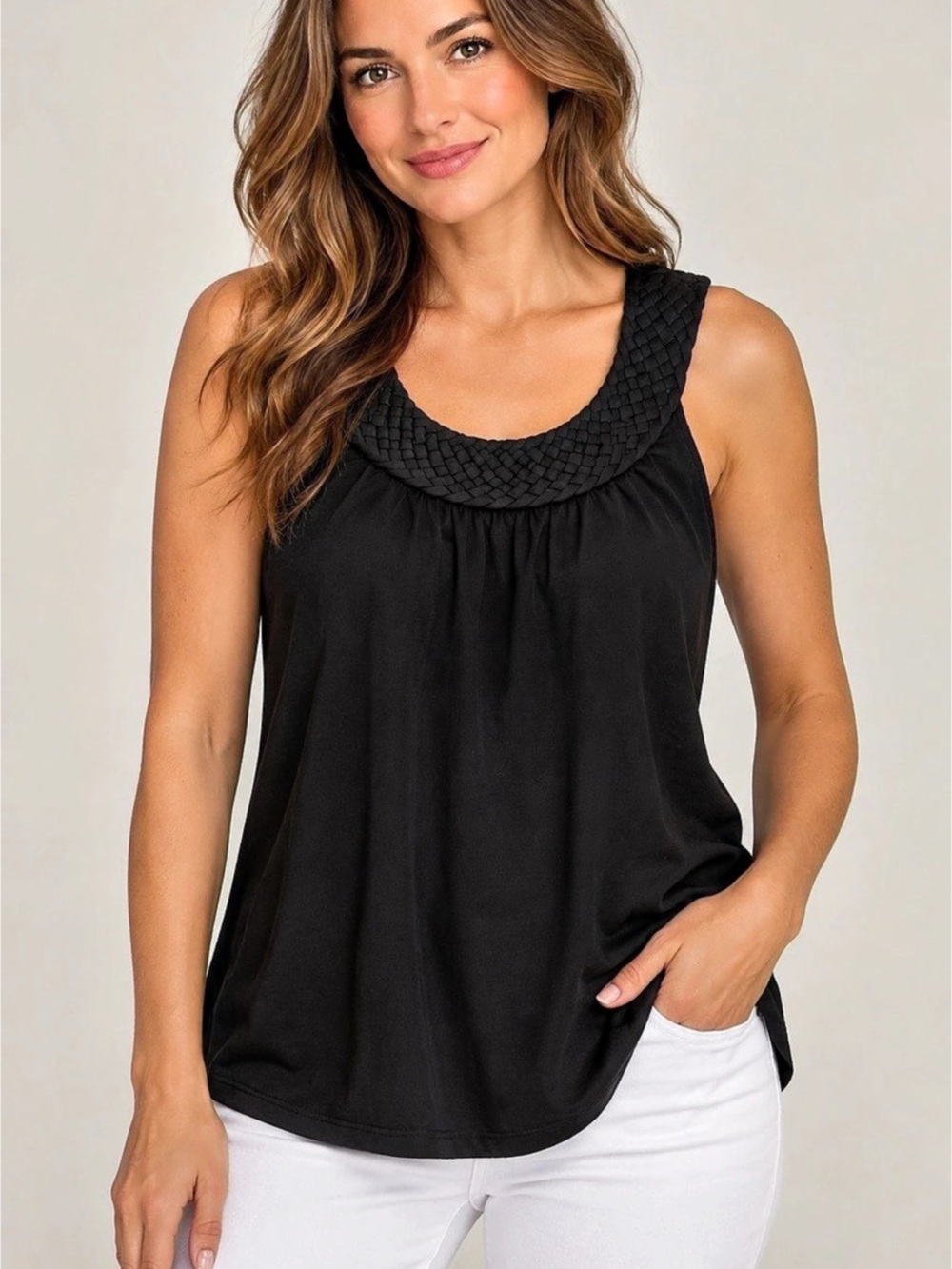 Joseph A. Black Braided Scoop-Neck Sleeveless Tank. Black XL